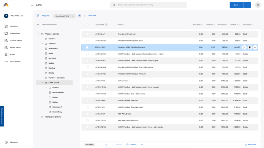Cenníky v softvéri ABRA Flexi
