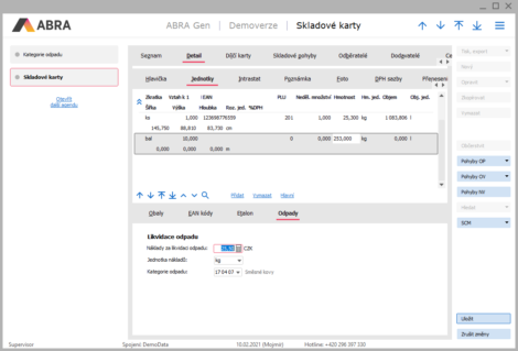Definice odpadů na skladové kartě