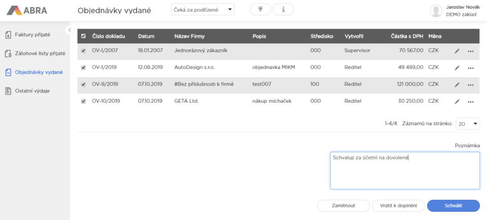 Online schvalování v ERP ABRA Gen