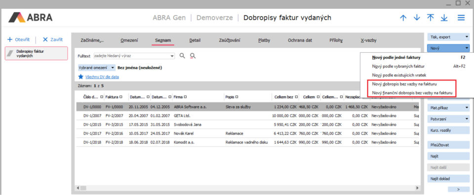 Vytvoření volného dobropisu v ABRA Gen