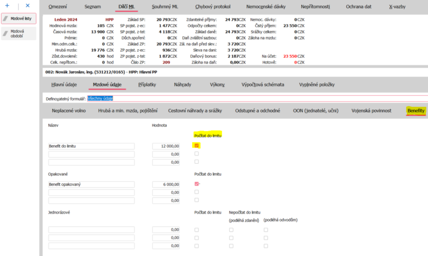 Nastavení výpočtu benefitů