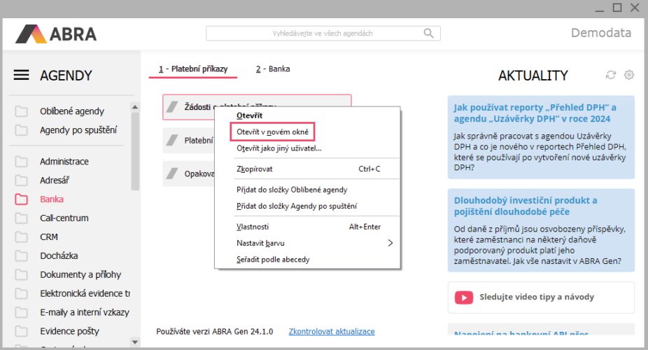 Otevření ABRA Gen ve více oknech