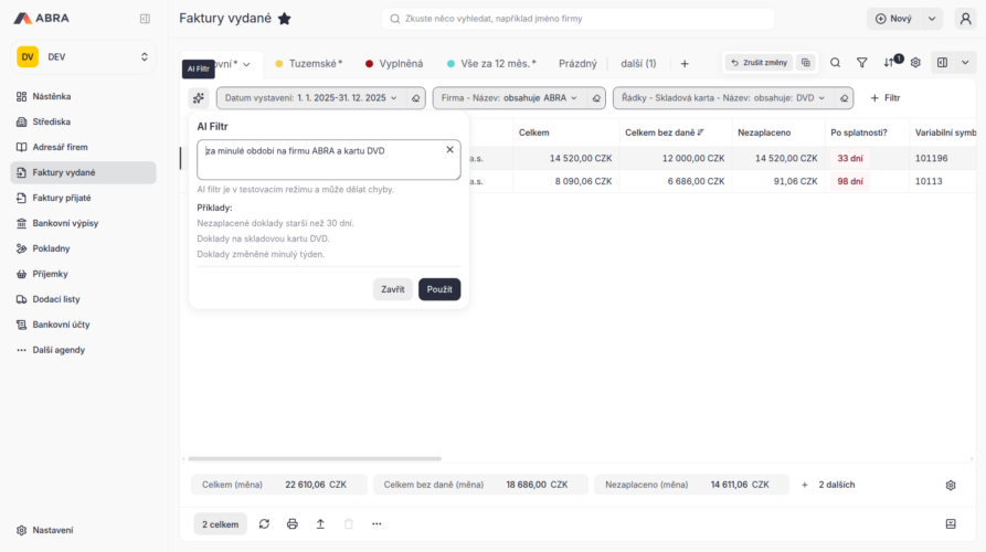 AI filtrování ve webovém rozhraní ERP systému ABRA Gen 
