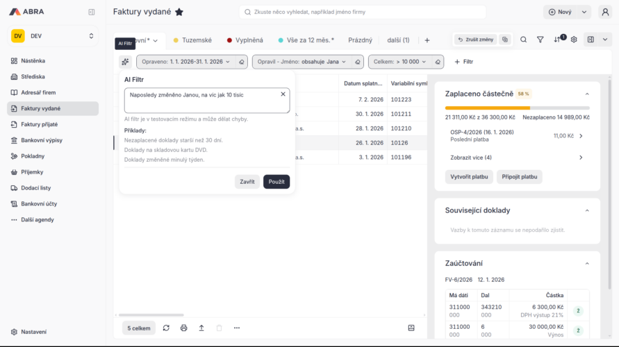 AI filtrování ve webovém rozhraní ERP systému ABRA Gen